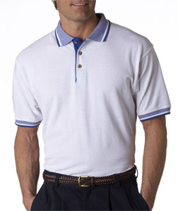 UltraClub Adult White-Body Classic Pique Polo with Contrasting Multi-Stripe Trim